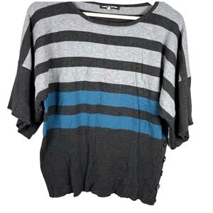 Cable & Gauge Womens Gray Blue Stripe 3/4 Sleeve Dolman Side Button Top Womens L